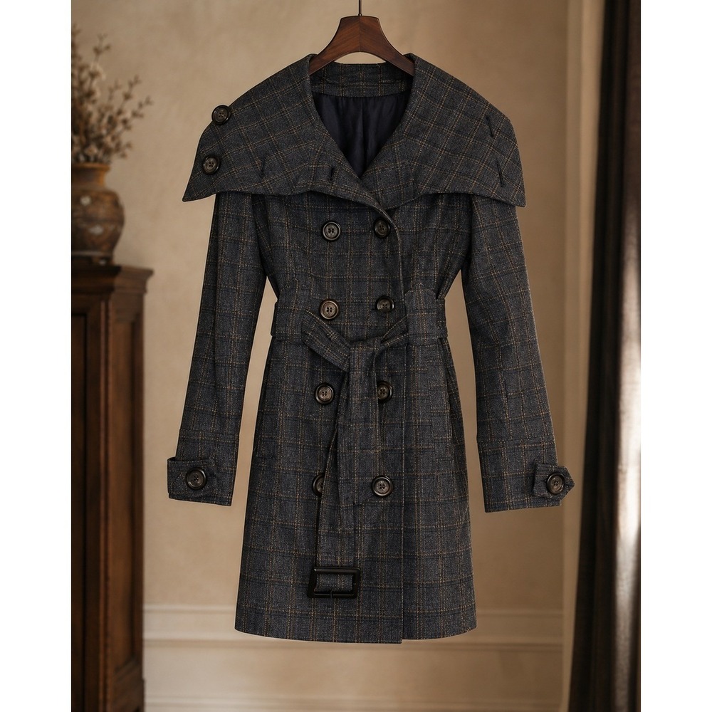 Dark Academia Plaid Trench‎ Coat Belted Cape Collar Women's Medium